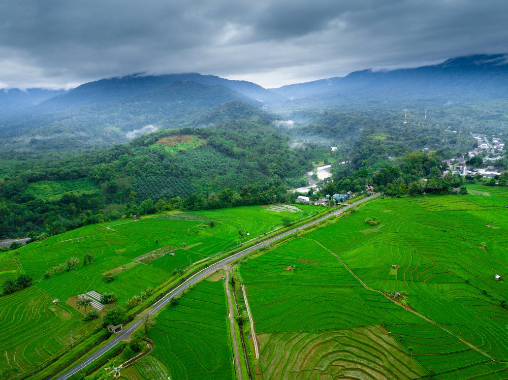 misty morning at kemumu in indonesia mountain range with city