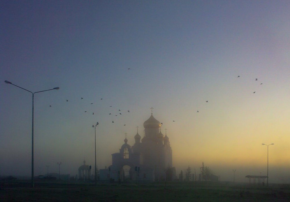 Храм в тумане и птицы