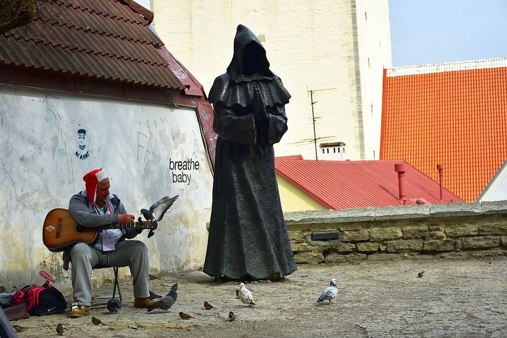 street musician and pigeons feeding 1