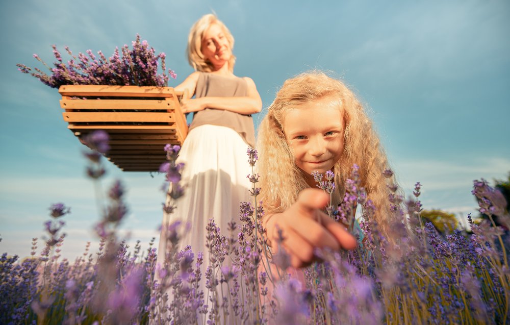 mom and daughter in lavender