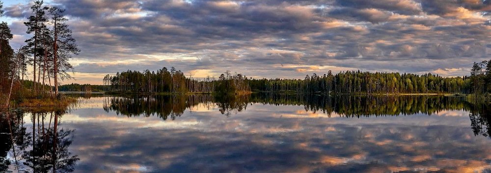 Панорамный вид озера  Калмалампи вечером.