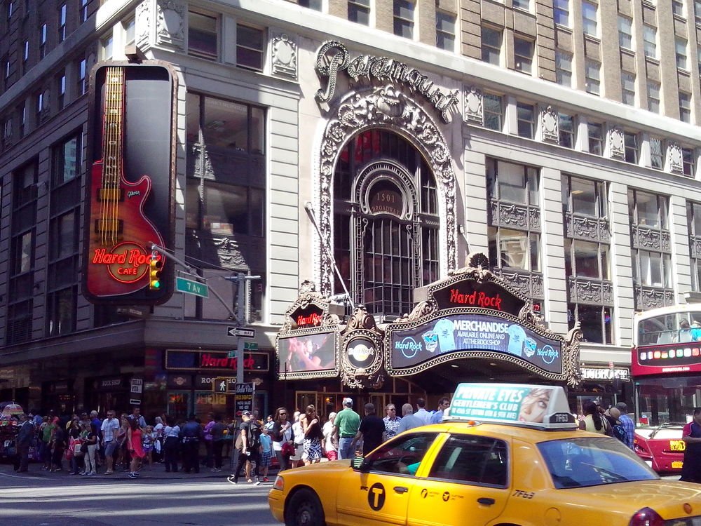 Hard Rock Cafe and yellow taxi