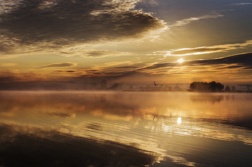 Рассвет над озером.