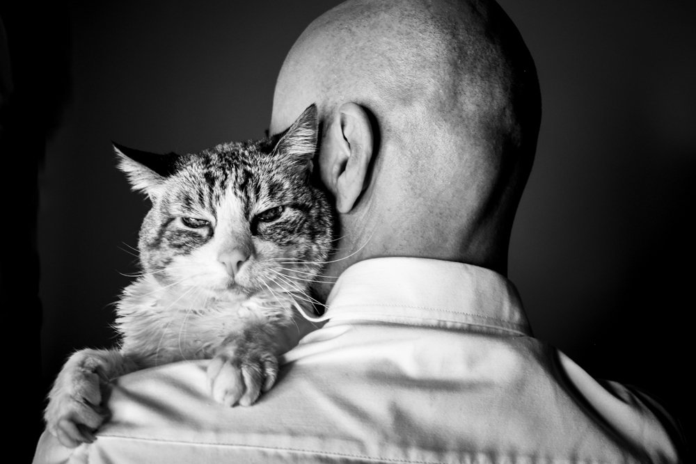 The cat over his showlder