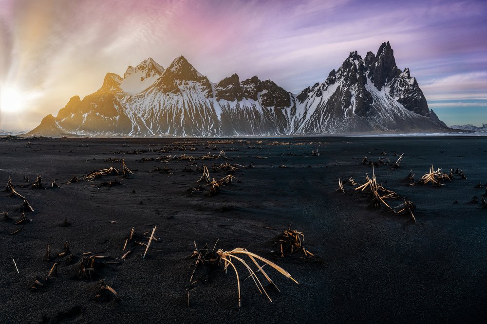 Sunset over Vestrahorn black beach