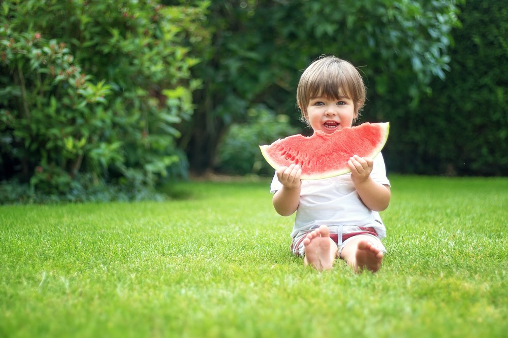 Little boy eating watermelon