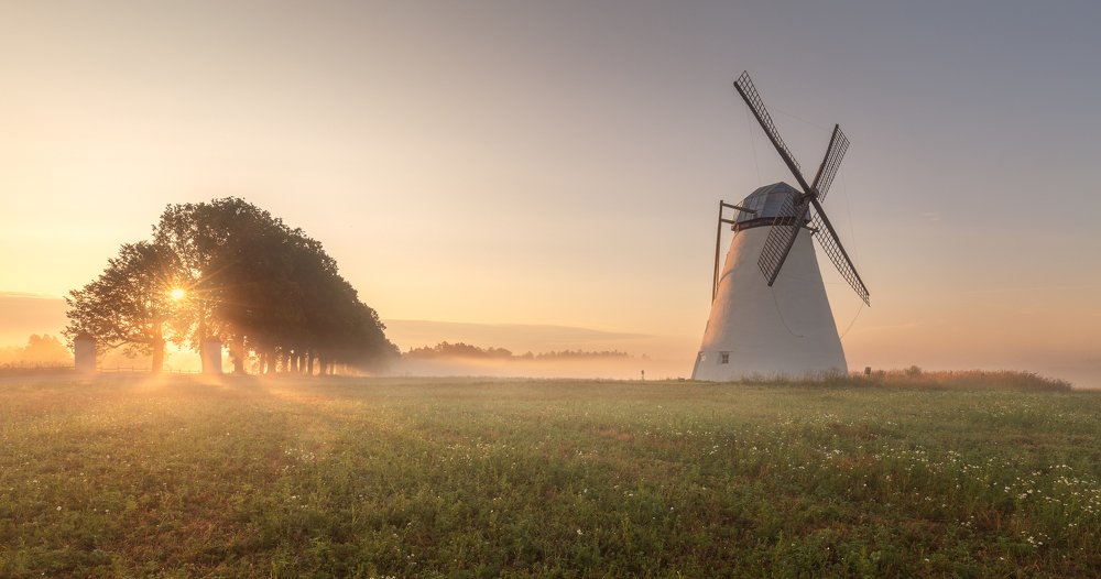 Landscape with an old windmill. Beautiful sunrise in Vihula, Estonia.