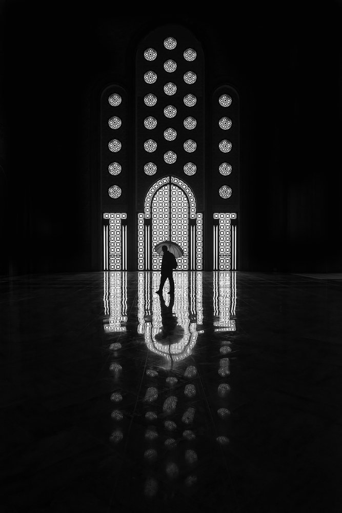 Silhouette photography inside of the Hassan II Mosque, Morocco.