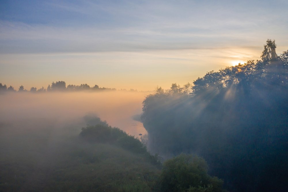Золотые лучи солнца в утреннем тумане