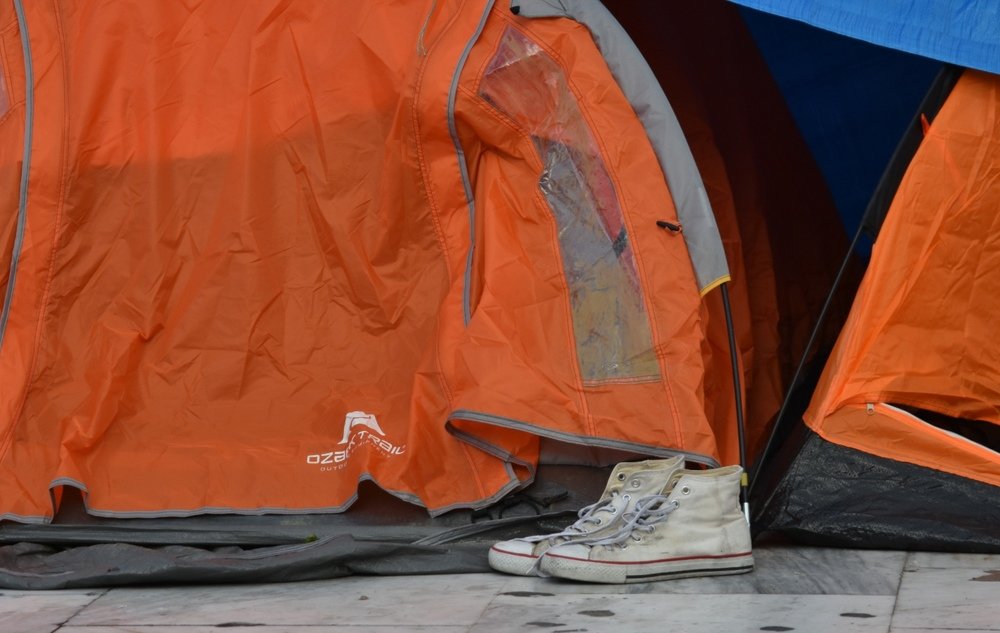 Refugees evicted from squat set up camp in Syntagma Athens Greece