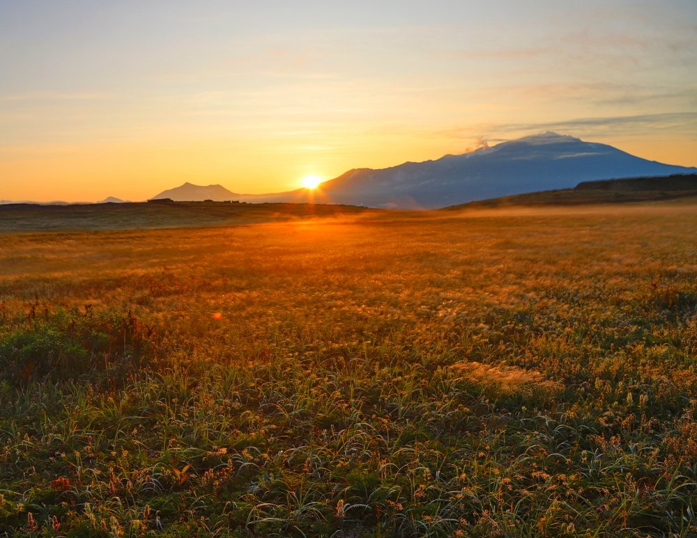 Рассвет в предгорной тундре. Солнце встаёт из-за подножия Мутновского вулкана.