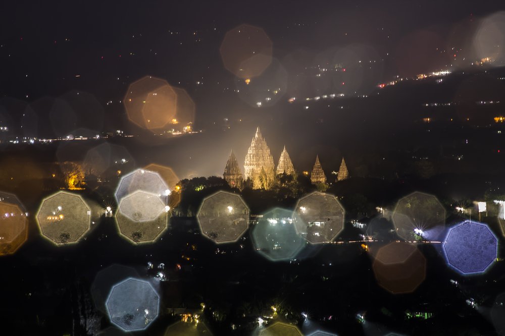 The beauty of the Prambanan temple at night from the Ratu Boko hill