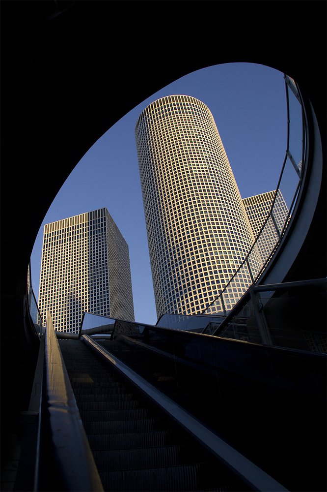 Fragment of Modern Building Through Skywalk bridge