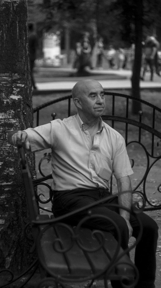 Grandfather on a bench B / W