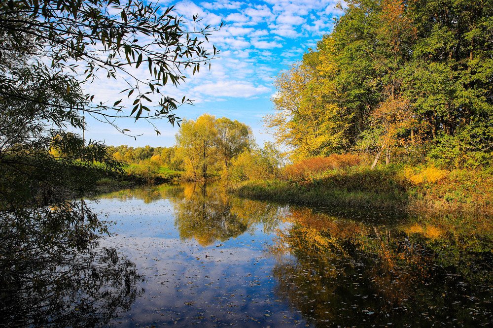 В реку смотрятся облака.