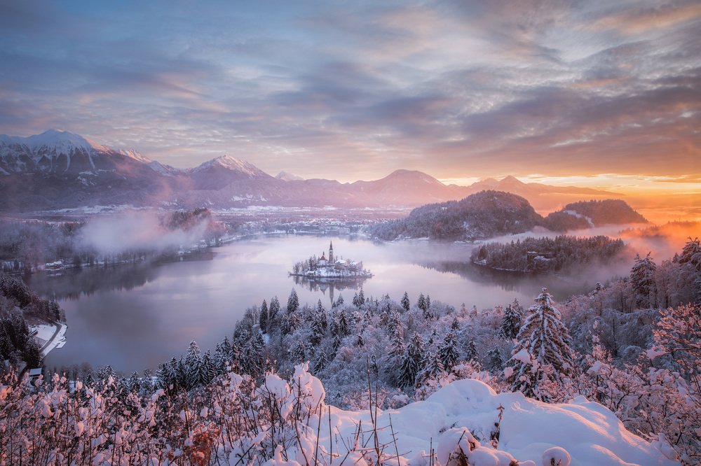 Bled lake covered with fresh snow