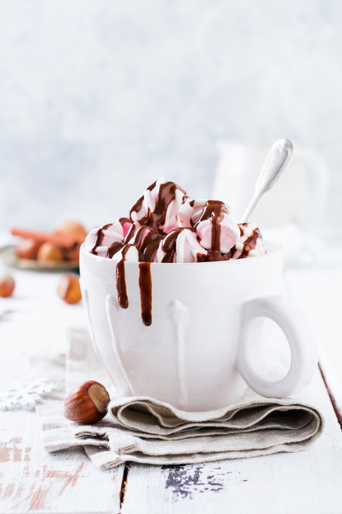 Hot chocolate with marshmallow candies.