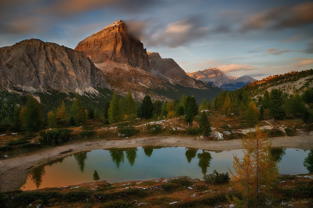Lago di Limides at sunset, Dolomites, Italy.