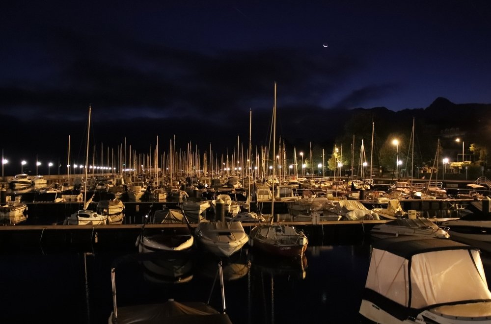 Golden port and waning crescent moon