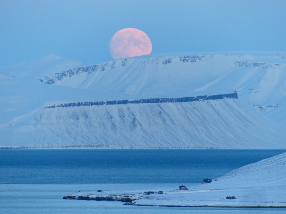 Big moon behind big mountains.