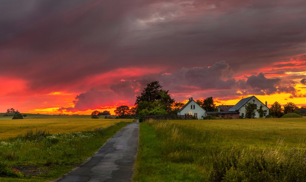 Красное пламя заката в датской деревне по дороге домой.