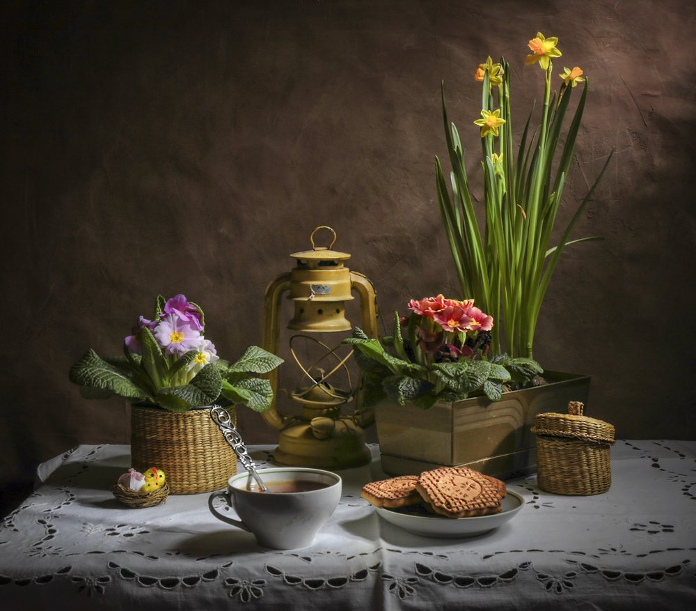 Весенний с примулой и нарциссами.