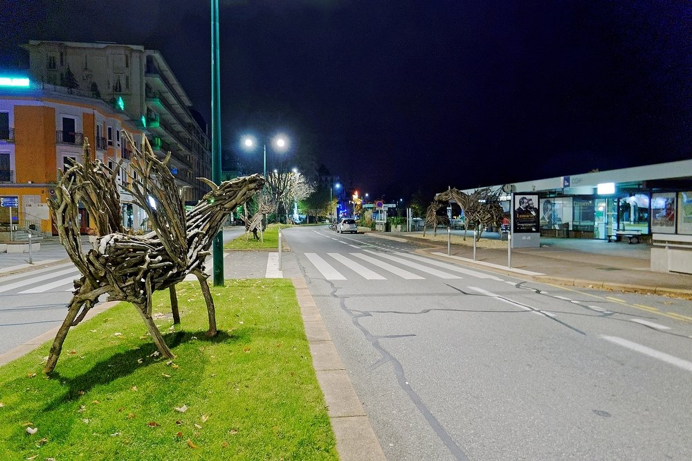 Winged horses roaming the empty streets