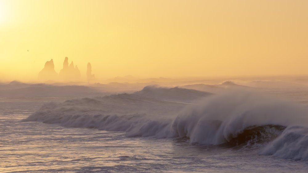 Burning Reynisdrangar. Iceland.