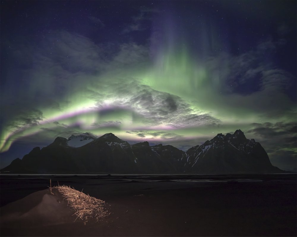 Crazy colours over Vestrahorn. Iceland.
