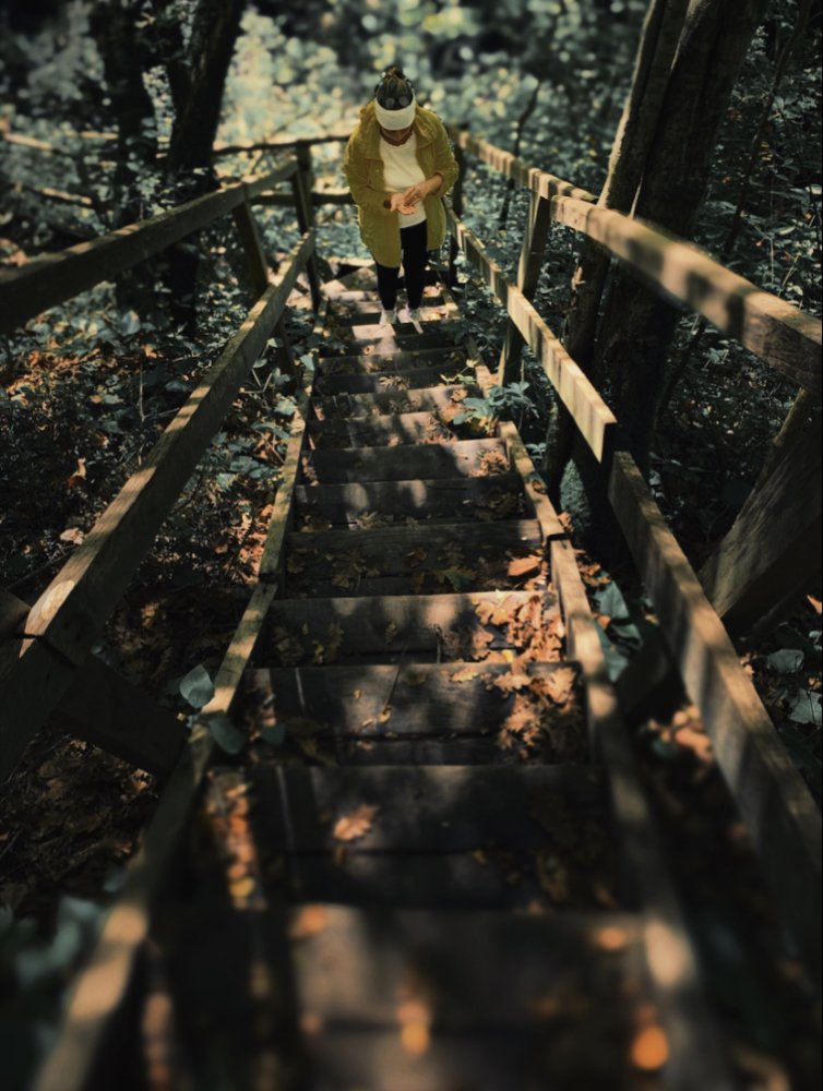 Мама гуляет по лесу и красивым ступенькам