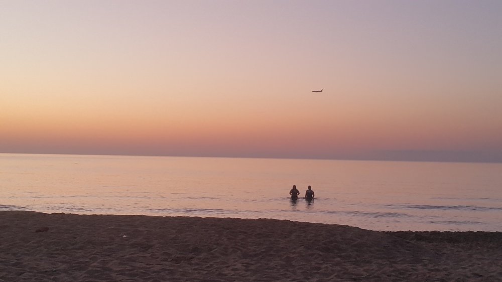 airplane, sunset and people