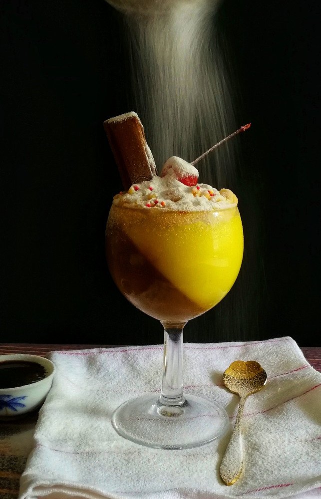 Sugar shower on coffee flan pudding