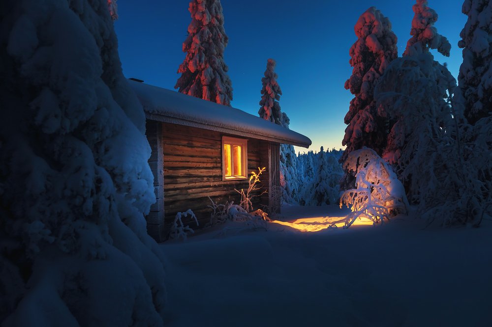 Shelter for a lone pedestrian in the woods.Finland Lapland.