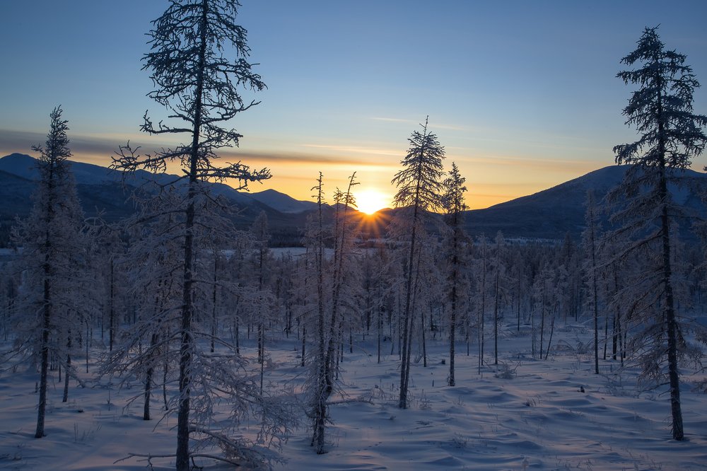 Восход зимнего солнце на Полюсе Холоде- Оймяконе.