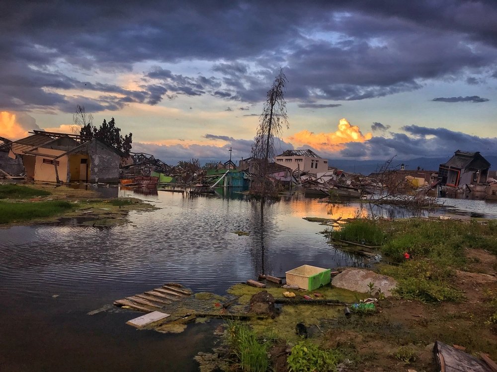 Sunset in remnant of earthquake