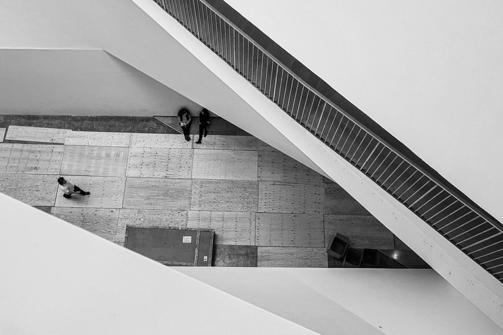 Upper view of people in Tel Aviv Art Museum by Architect Preston Scott Cohen