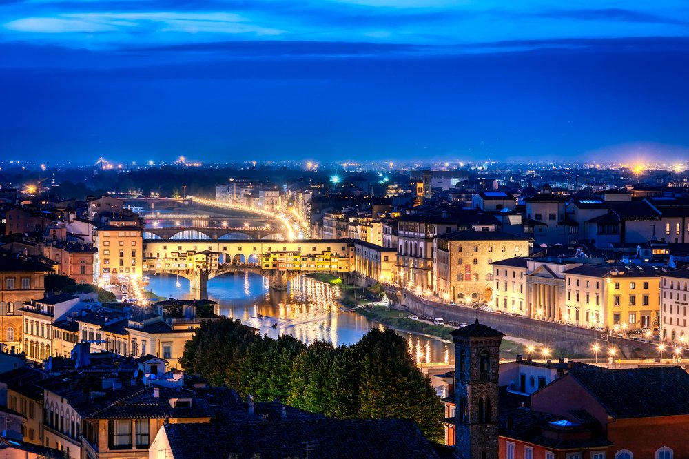 Bridges of Florence after sunset.