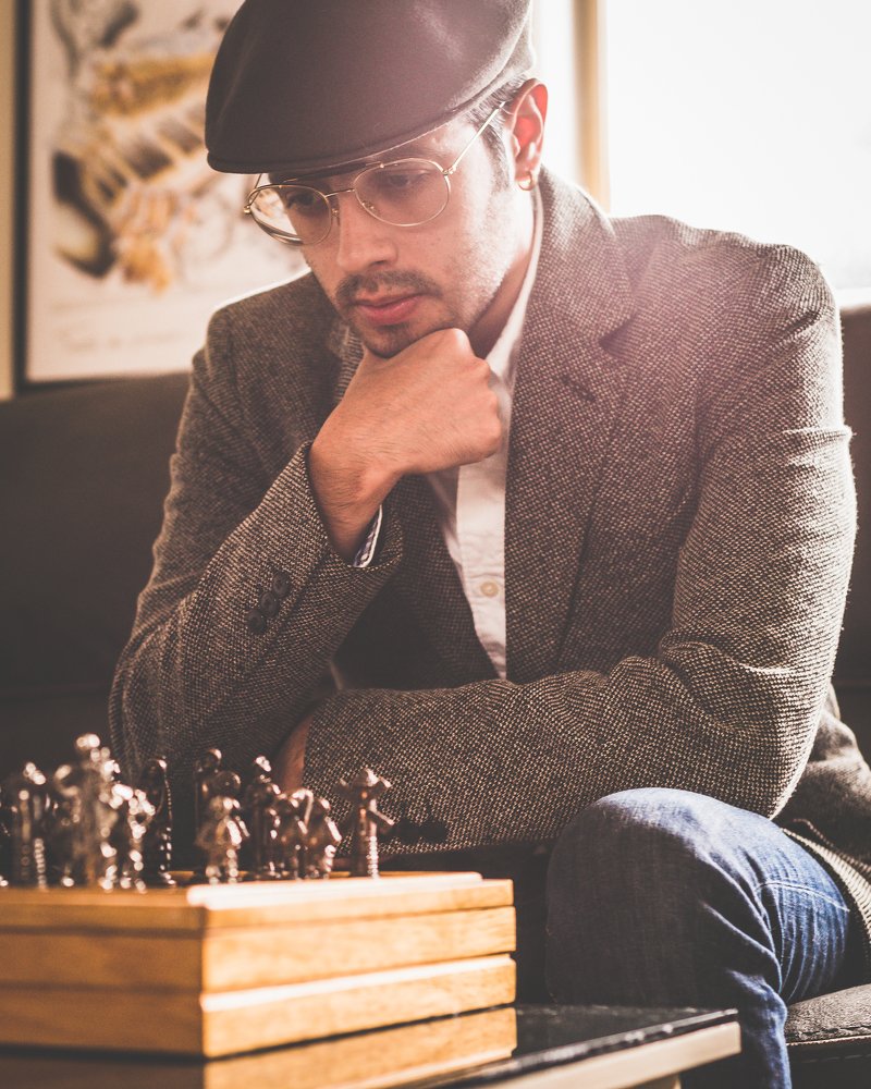 Self-portrait playing chess
