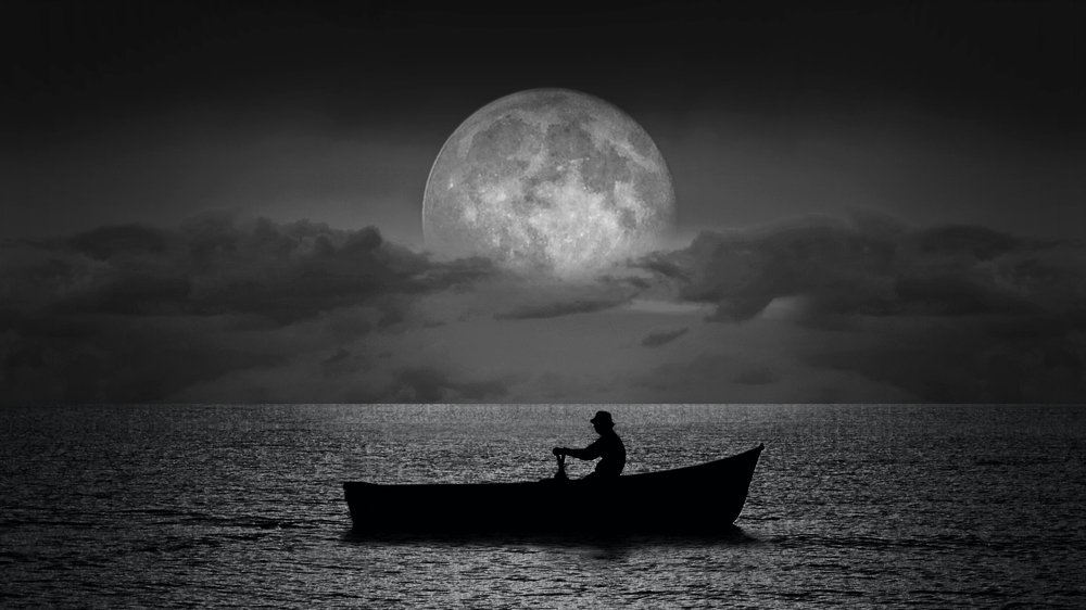 Rowing a boat at full moon