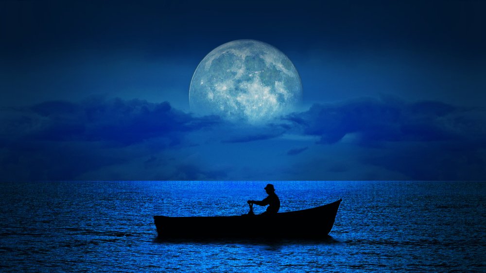 Rowing a boat at full moon