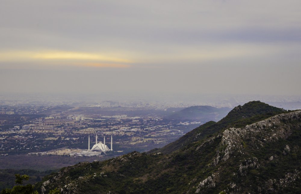 Spectacular view of Faisal Mosque from Margalla Hills, Islamabad.