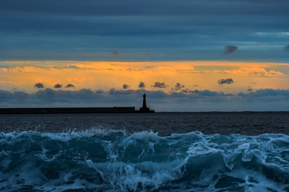 Sunset, Light House, Waves