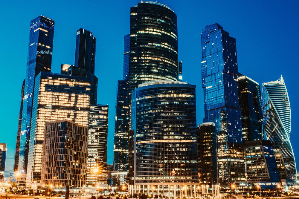 Business center at night illuminated
