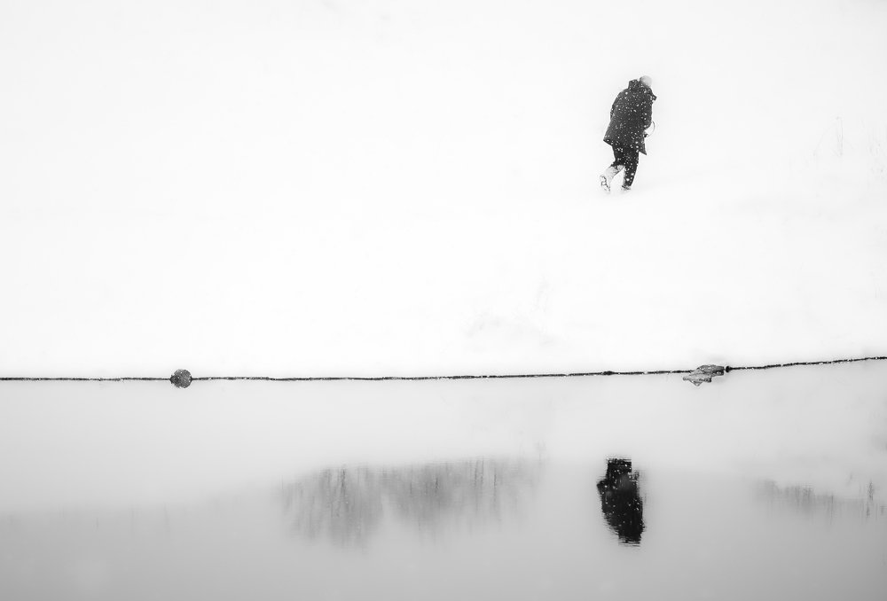 The black walker through the white snow.