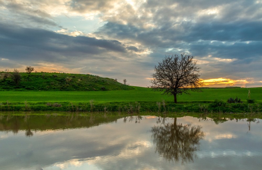 landscape with lake and blue sky