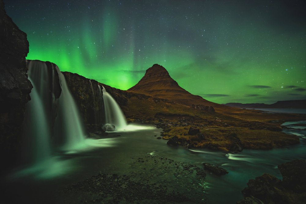 Polar night at three waterfalls