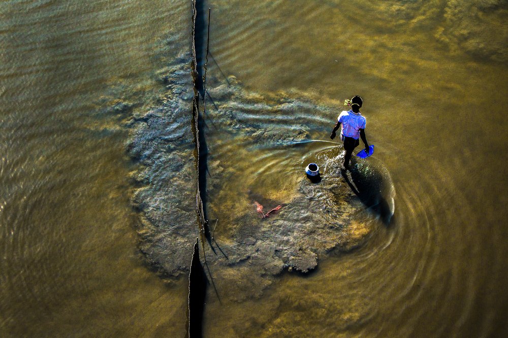 Fisherman fishing in a ried river