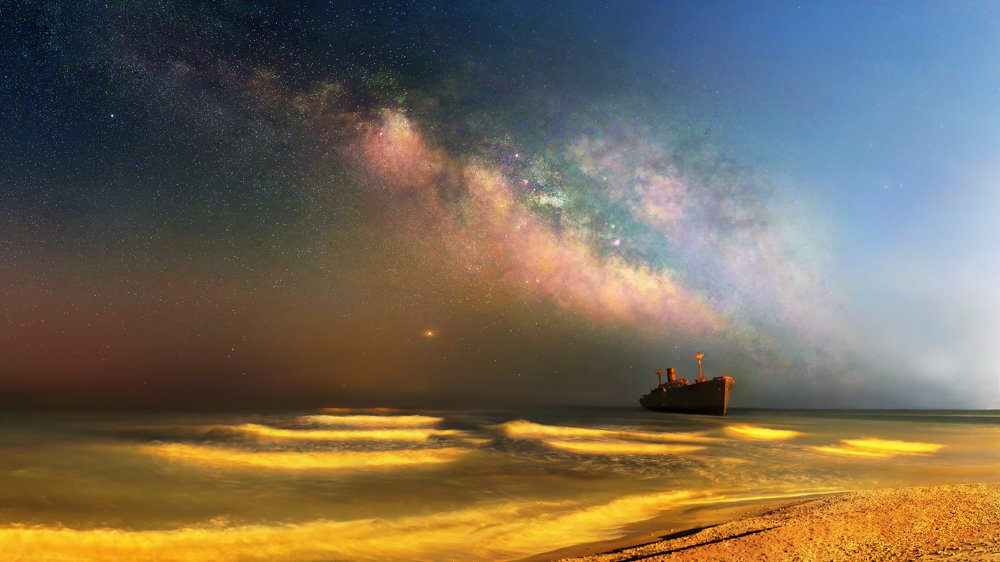 Panorama with Evangelia ship wreck and the Milky Way