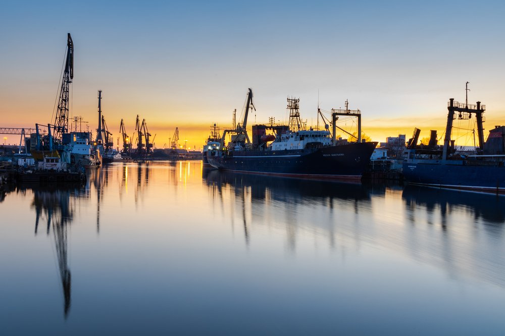 Sunset sea port Kaliningrad
