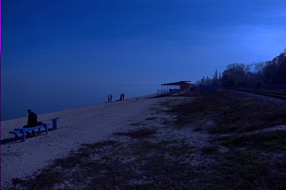 foggy winter evening on the beach